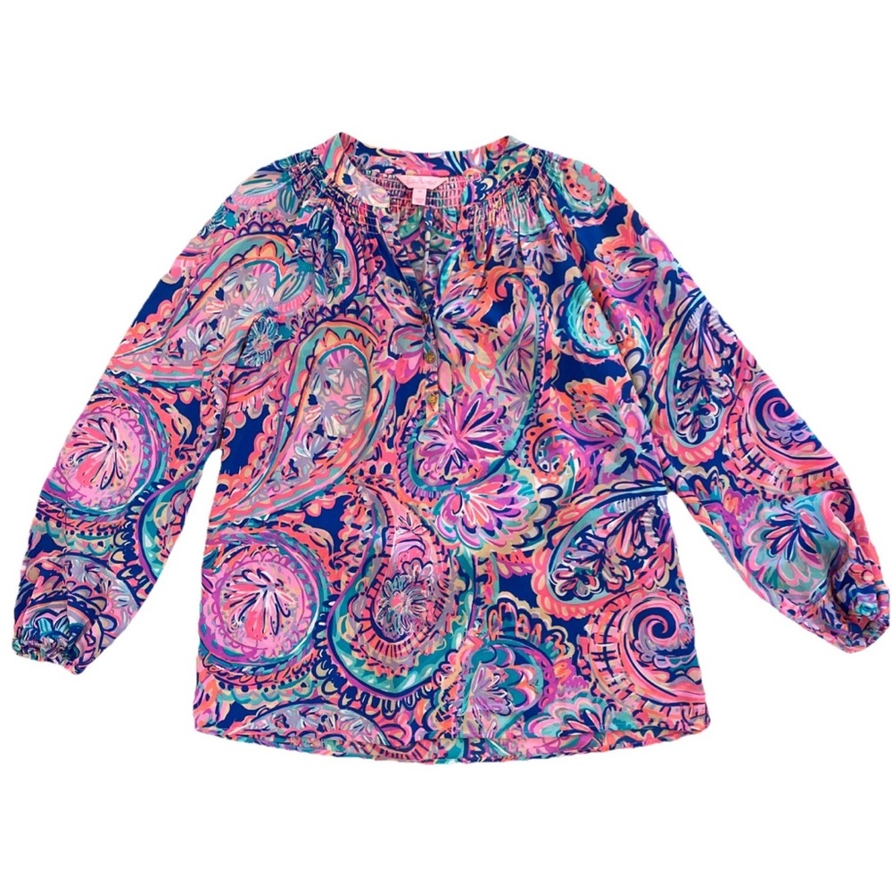 LILLY PULITZER Elsa Psychedelic Sunshine Silk Top Blouse Resortwear Size XS